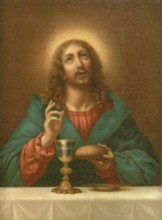 Biblical scene, Bible, and the blessing of bread and wine by Jesus in the Lord's Supper is a