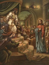 Biblical scene, Bible, false testimony against Christ, illustration, reproduction from a