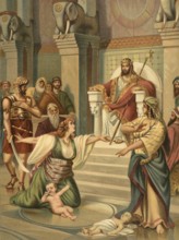 Biblical scene, Bible, Solomon's verdict, a biblical story in which the wise King Solomon settled