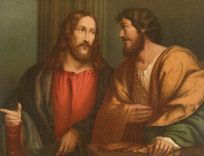 Biblical scene, Bible, The Calling of Saint Matthew, describes how Jesus Christ asks the tax