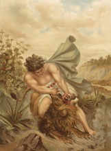 Biblical scene, Bible, Samson kills a lion as he is on his way to marry a woman. The spirit of God