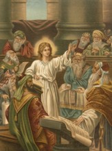 Biblical scene, Bible, Jesus teaching in the temple. Jesus' teaching in the temple in Jerusalem is