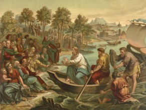 Biblical scene, Bible, Jesus preached from the boat because crowds were harassing him on the banks.