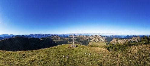 Drone shot, summit cross, Hoher Zinken, Postalm, Osterhorn Group, Salzkammergut, Province of