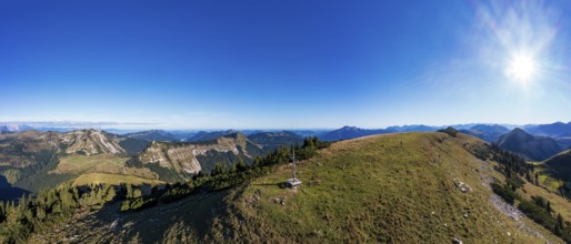 Drone shot, summit cross, Hoher Zinken with Holzeck and Königsbergerhorn, Postalm, Osterhorn Group,