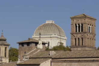 Bell tower and dome of a church in the city of Rome, Italy