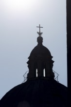 Silhouette of a bell tower of a church in the city of Rome, Italy