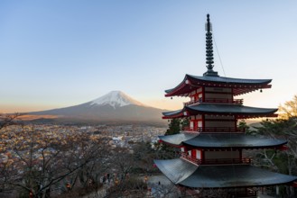Five-story pagoda of a Shinto Shrine, Chureito Pagoda, with views of Fujiyoshida City and Mount