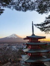 Five-story pagoda of a Shinto Shrine, Chureito Pagoda, with views of Fujiyoshida City and Mount