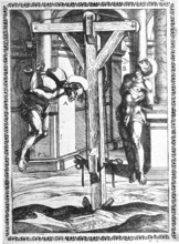 Torture, Torture, Inquisition, a. convict who is hung by his hands (who are tied behind his back)