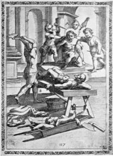 Torture, ordeal, inquisition, a. convict who was fatally wounded by boys with their pens, b.