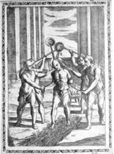 Torture, ordeal, inquisition, convict forced to walk across glowing coals while molten lead,