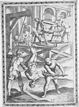 Torture, ordeal, inquisition, a. convict who was hung from a wooden horse and burned with torches,