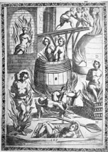 Torture, Torture, Inquisition, a. convict thrown into a glowing oven, b. convict put in a barrel or