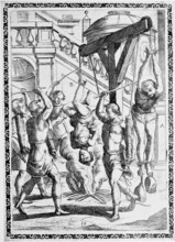 Torture, ordeal, inquisition, a. convicted person hung by the thumb, with heavy stones on their