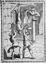 Torture, ordeal, inquisition, a. Condemned person being hung by the feet while his head is