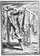 Torture, Torture, Inquisition, a. Condemned woman suspended by one foot, b. Suspended by both feet,