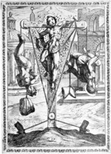 Torture, Torture, Inquisition, a. Condemned man hung by both feet with a large stone around his