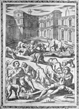 Torture, ordeal, inquisition, a. convict caught in a net and accused of eating by a wild bull, b.