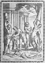 Torture, convicted person skinned alive, illustration, reproduction from a 16th century model,