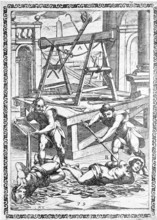 Torture, ordeal, inquisition, a. with wooden horse, b. convict picked up from a horse and rolled
