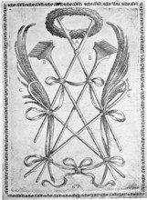 Torture, torture instruments, a. iron horseshoes, b. harrows, c. Horseshoe stollen, illustration,