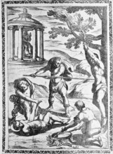 Torture, ordeal, inquisition, a. convict who was pierced with a pointed stake, b. Condemned person