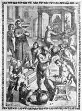 Torture, ordeal, inquisition, a. convict whose hand is filled with incense and glowing coals and