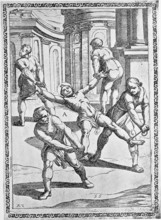 Torture, ordeal, inquisition, a convict who is tied down with straps or strings is forcibly pulled