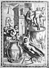 Torture, Torture, Inquisition, a. convict thrown upside down into a cauldron with molten lead or