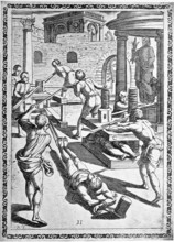 Torture, ordeal, inquisition, a. with pulley, b. convict stretched by a pulley, c. Crushed in the