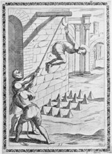 Torture, ordeal, inquisition, a. convicted person with hands tied behind his back, lifted into the