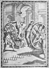Torture, ordeal, inquisition, a. convict tied to a wheel turned on iron tips, b. tied to the