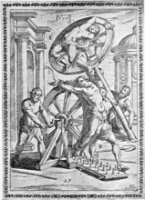 Torture, ordeal, inquisition, a. convict whose limbs are tied into the spokes of a wheel on which