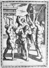 Torture, ordeal, inquisition, convicted person tied to a stake or pillar rammed into the ground and