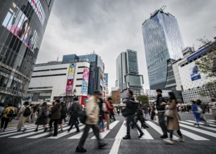 Crowd crossing zebra crossing on a large intersection, motion blur, back modern houses with