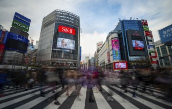Crowd crossing zebra crossings on a large intersection, motion blur, modern houses with colorful