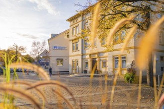 Village square in autumn sunlight with historic architecture in the background, Aidlingen,