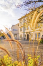 Sunny village square with historic building and autumn plants, Aidlingen, Böblingen district,
