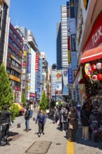 Street scene with skyscrapers, figure Godzilla head on a skyscraper, Shinjuku City, Tokyo, Japan