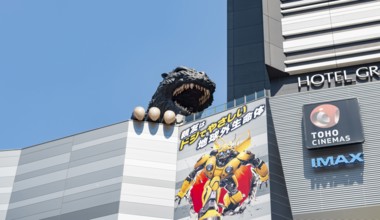 Godzilla head figure on a skyscraper, Shinjuku City, Tokyo, Japan