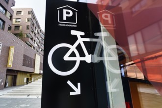 Sign with inscription, pictogram, bicycle garage, bicycle parking garage at the museum, Port des