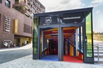 Colourful bicycle garage, bicycle parking garage at the Museum of Immersive Art, Port des Lumières,
