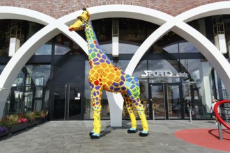 Giraffe sculpture, artwork, mascot of the LEGO Discovery Centre, Westfield, shopping center,