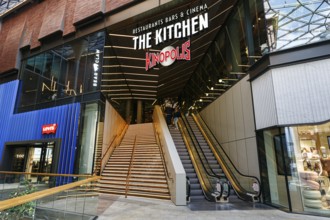 Facade detail with logo, The Kitchen lettering, Kinopolis, restaurants, bars, cinema in Westfield