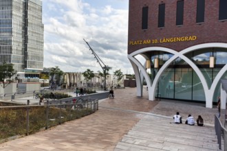 10th longitude square, inscription, modern architecture, pedestrian zone, Westfield