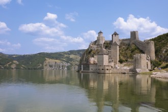 Golubac Fortress or Kolumbatz or Pigeon Town or Pigeon Castle on the Danube, in the background the
