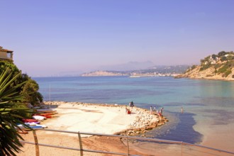 Lonely, shell-shaped beach, Moraira, former fishing village, pearl of the Costa Blanca,