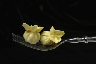 Saccottini, type of Italian pasta on fork, pasta from Italy