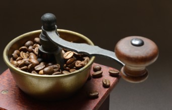 Coffee grinder with roasted coffee beans, grind coffee